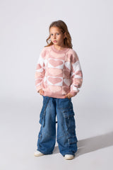 Girl's Round Neck Long Sleeves Pullover With A Heart Print In A Modern Details