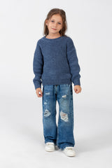 Girl's Velvet Pullover With Round Neck And Long Sleeves