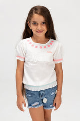 Girls Tomato Blouse In Sleeved Fabric With Colorful Back Buttons