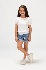 Girls Tomato Blouse In Sleeved Fabric With Colorful Back Buttons