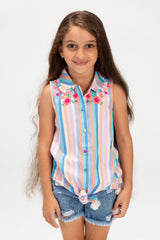 Girls Casual Striped Sleeveless Bouse With Colored Buttons On The Front