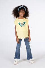 Girls Regular Fit Cut Blouse With A Round Neck And A Butterfly Print On The Front