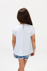 Girls Casual Sleeveless Blouse With A Butterfly Print On The Front In Light Blue