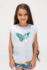 Girls Casual Sleeveless Blouse With A Butterfly Print On The Front In Light Blue