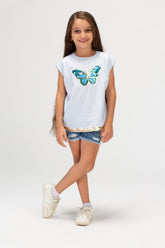 Girls Casual Sleeveless Blouse With A Butterfly Print On The Front In Light Blue