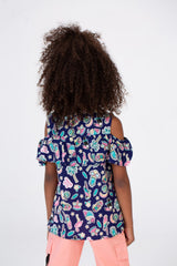 Girls Off Shoulders Blouse Printed In Navy Blue