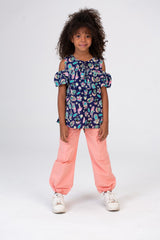Girls Off Shoulders Blouse Printed In Navy Blue