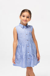 Girls Tomato Printed Cut Dress With Front Buttons And Waist Belt Blue