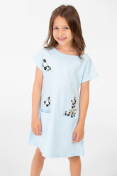 Girl's Panda Print Front Pockets Round Neck Short Sleeves Dress