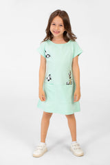 Girl's Panda Print Front Pockets Round Neck Short Sleeves Dress