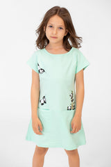 Girl's Panda Print Front Pockets Round Neck Short Sleeves Dress