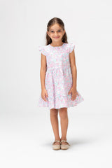 Girls Jakar Printed Dress With Ruffled Shoulders Rose