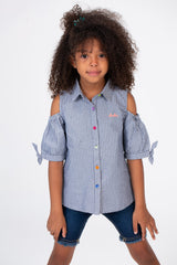 Girls Gray Jacar Off-Shoulders Blouse With Colorful Front Buttons