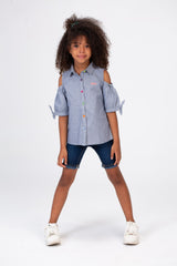 Girls Gray Jacar Off-Shoulders Blouse With Colorful Front Buttons