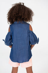 Girls Jakar Doted Knee Length Cotton Fabric Cut Blouse In D.blue