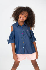 Girls Jakar Doted Knee Length Cotton Fabric Cut Blouse In D.blue