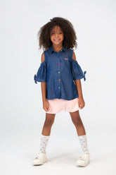 Girls Jakar Doted Knee Length Cotton Fabric Cut Blouse In D.blue