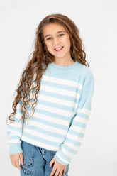 Girl's Round Neck Long Sleeves Striped Jakar Pullover Sweater