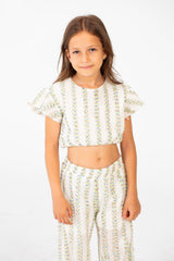 Girl's Striped Outfit Croped Ruffles On The Shoulder