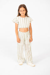 Girl's Striped Outfit Croped Ruffles On The Shoulder