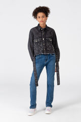 جاكيت جينز فضفاض للفتيات مع جيوب وأزرار أمامية