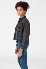 جاكيت جينز فضفاض للفتيات مع جيوب وأزرار أمامية