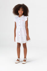 فستان كاجوال بنات بلون Tomato مع أزرار ملونة من الأمام باللون الأبيض