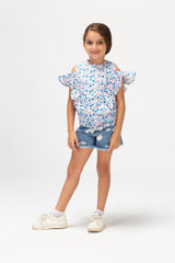 Girls Printed Blouse With Off Shoulders And Trendy Ruffles Blue