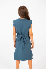 Girl's Basic Fabric Dress With A Shoulder Frill And Middle Strap