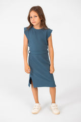 Girl's Basic Fabric Dress With A Shoulder Frill And Middle Strap