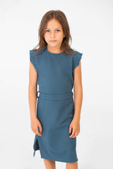 Girl's Basic Fabric Dress With A Shoulder Frill And Middle Strap