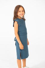 Girl's Basic Fabric Dress With A Shoulder Frill And Middle Strap