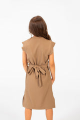 Girl's Basic Fabric Dress With A Shoulder Frill And Middle Strap