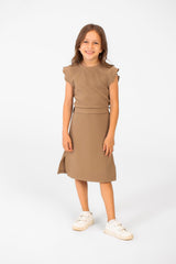 Girl's Basic Fabric Dress With A Shoulder Frill And Middle Strap