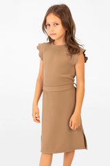 Girl's Basic Fabric Dress With A Shoulder Frill And Middle Strap