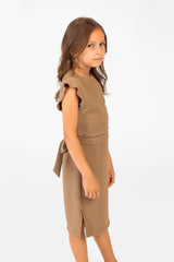 Girl's Basic Fabric Dress With A Shoulder Frill And Middle Strap