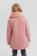 Girl's Casual Long Style Front Pockets Full Zipper Fur Hooded Waterproof Jacket With Fur Neck