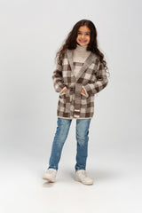 Girl's Long Basic Regular Fit High Neck Checked Outfit With Unqiue Design