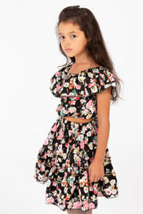 Girl's Cotton Outfit Set Printed Skirt With Ruffles On The Shoulders