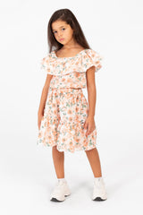 Girl's Cotton Outfit Set Printed Skirt With Ruffles On The Shoulders