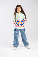 Girl's Full Zipper Padded Front & Back Printed Hooded Padded Sweatshirt