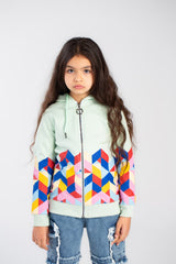 Girl's Full Zipper Padded Front & Back Printed Hooded Padded Sweatshirt