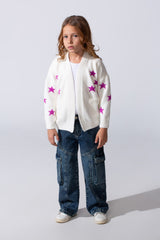 Girl's Slim Fit Knit Cardigan Pullover With A Star Print And Long Sleeves