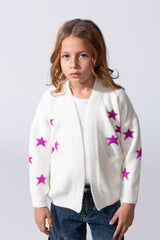 Girl's Slim Fit Knit Cardigan Pullover With A Star Print And Long Sleeves