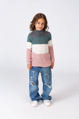 Girl's High Neck Multi Color Pullover With Long Sleeves