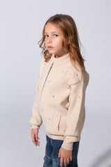 Girl's Knitted Zipper Pullover With Rhinestones And Side Pockets