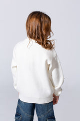 Girl's Knitted Zipper Pullover With Rhinestones And Side Pockets