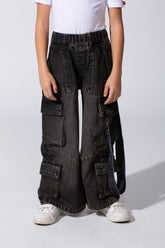 Girl's Cargo Jeans Pants With An Elastic Waistband And Modern Side Pockets