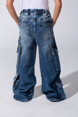 Girl's Cargo Jeans Pants With An Elastic Waistband And Modern Side Pockets