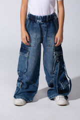 Girl's Cargo Jeans Pants With An Elastic Waistband And Modern Side Pockets